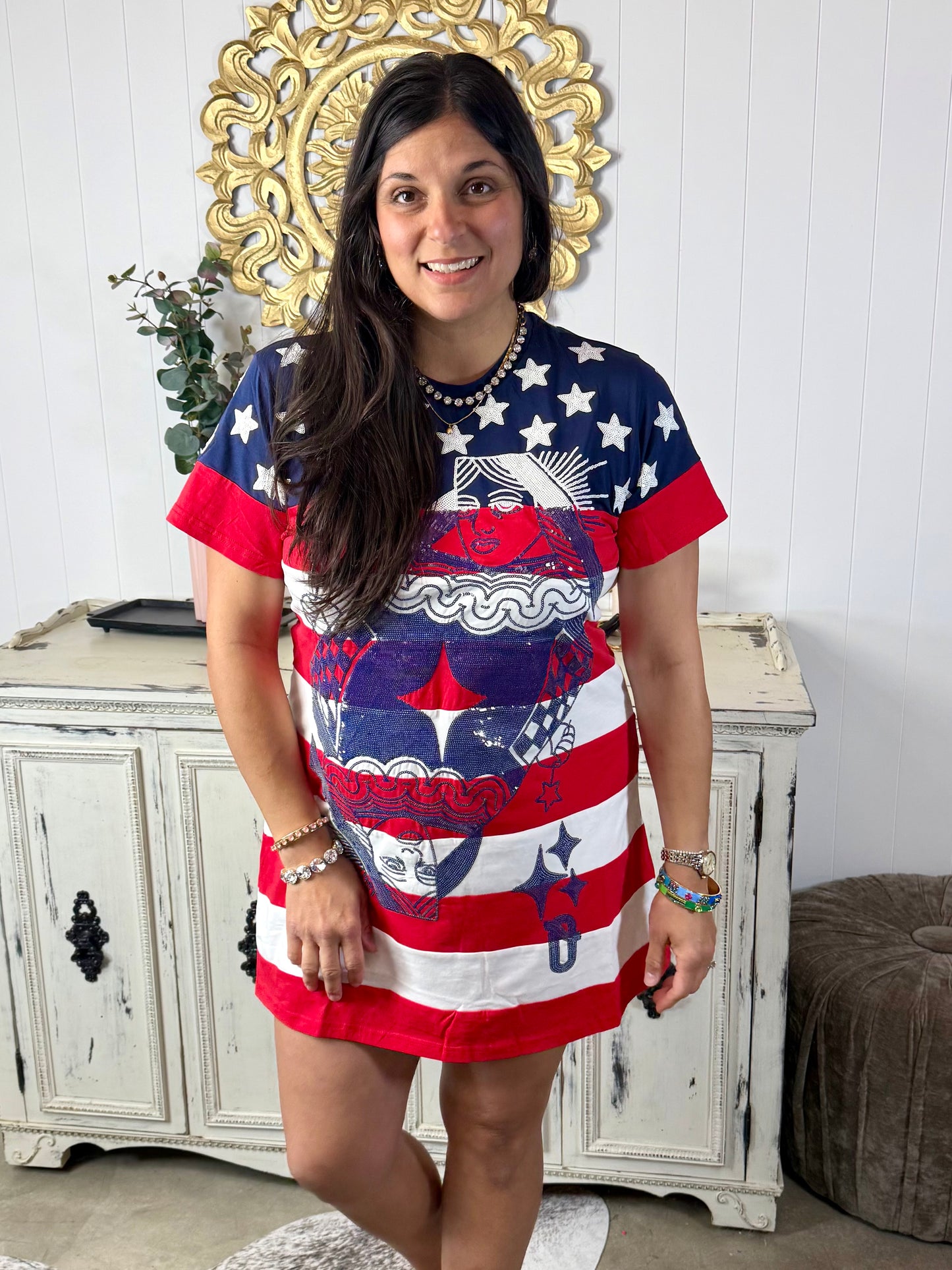 Queen of Sparkles Usa Star & Stripe Qos Card Logo Tee Dress