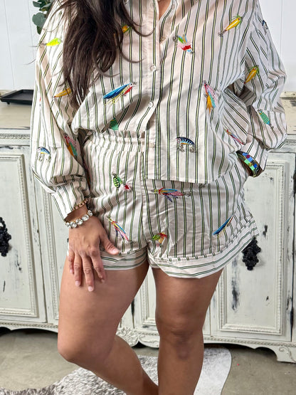 Queen of Sparkles Striped Fishing Lure Cotton Shorts