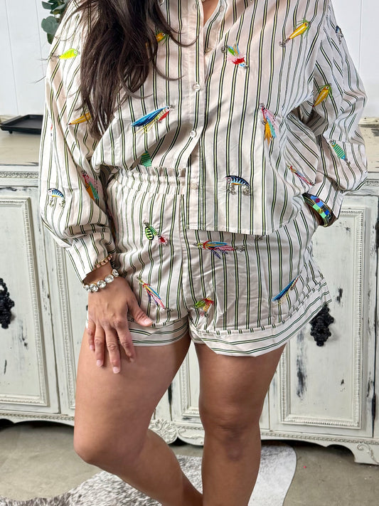 Queen of Sparkles Striped Fishing Lure Cotton Shorts