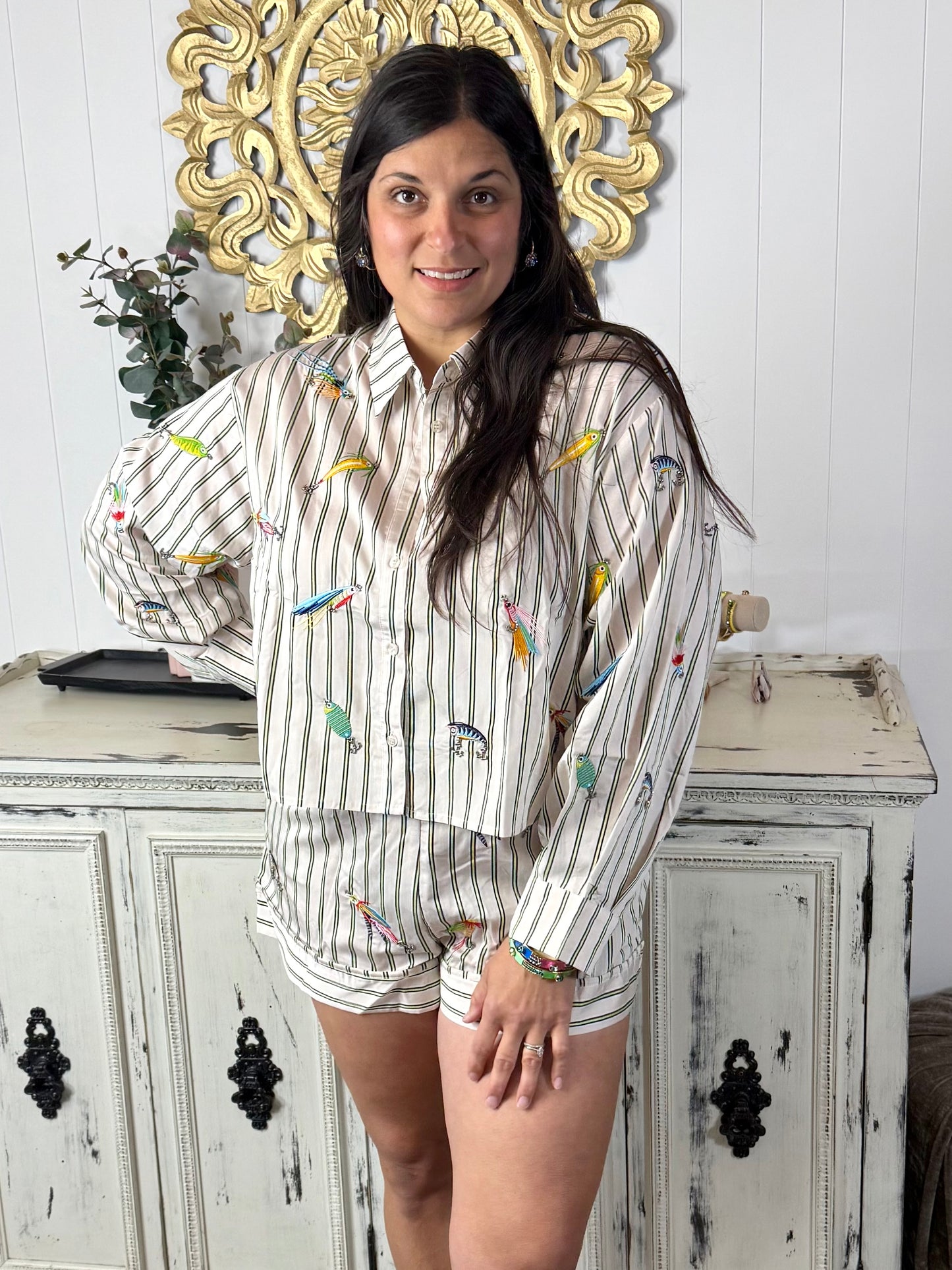 Queen of Sparkles Striped Fishing Lure Button Up Cotton Top