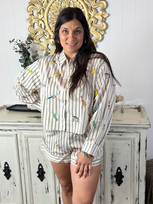 Queen of Sparkles Striped Fishing Lure Button Up Cotton Top