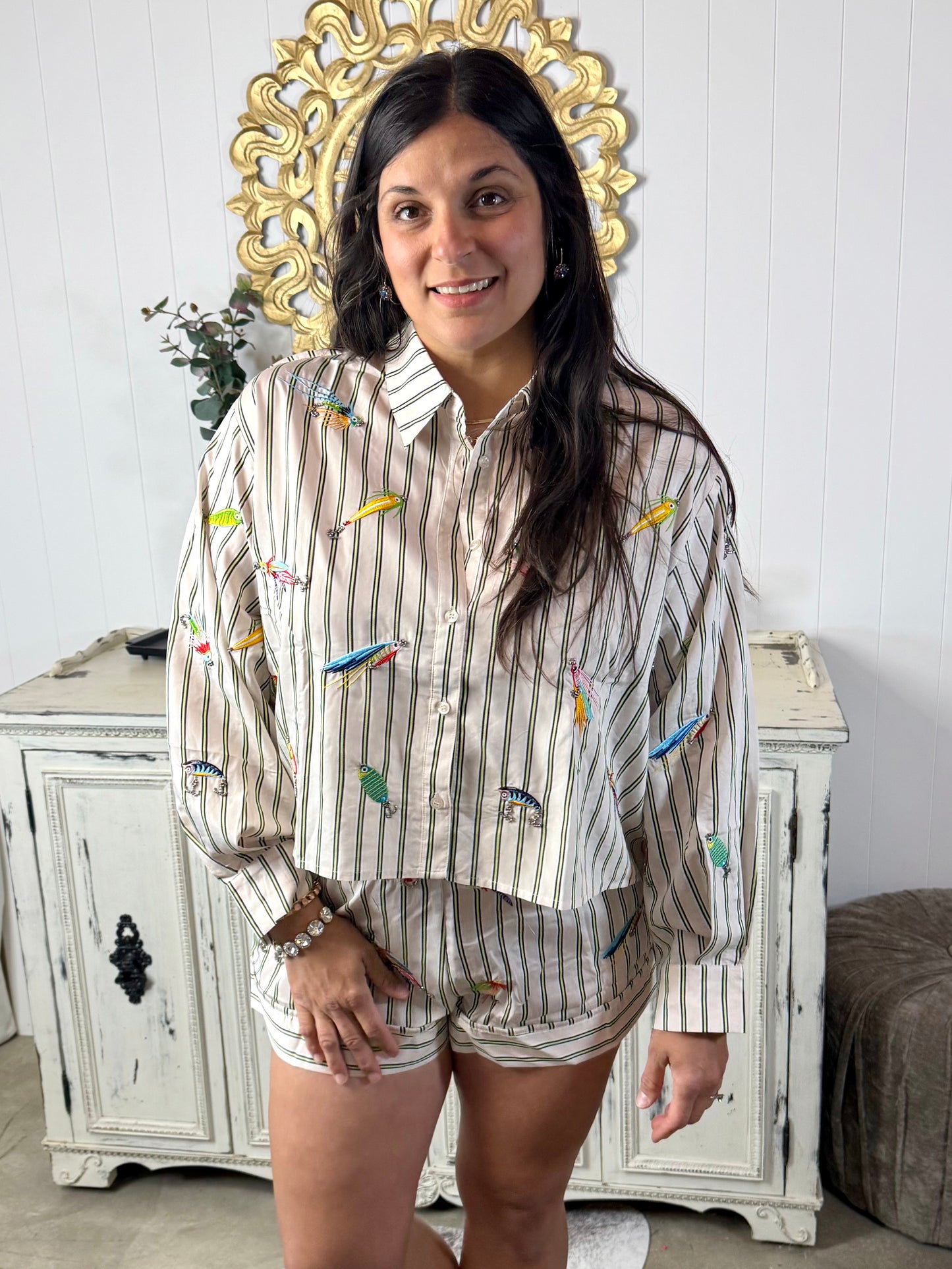 Queen of Sparkles Striped Fishing Lure Button Up Cotton Top
