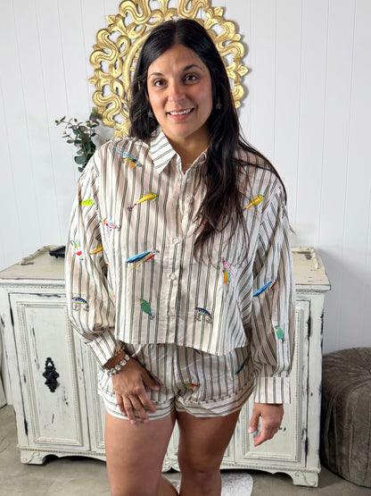 Queen of Sparkles Striped Fishing Lure Button Up Cotton Top
