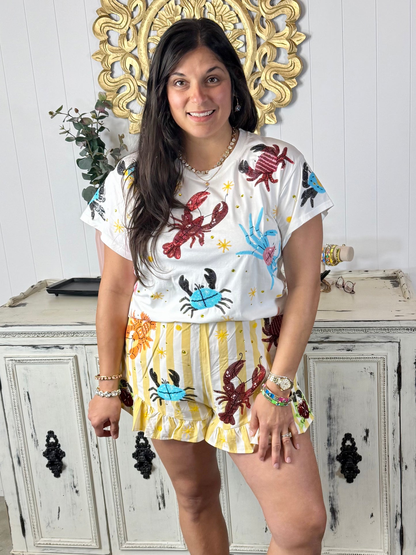 Queen of Sparkles Yellow Stripe Crab & Lobster Shorts