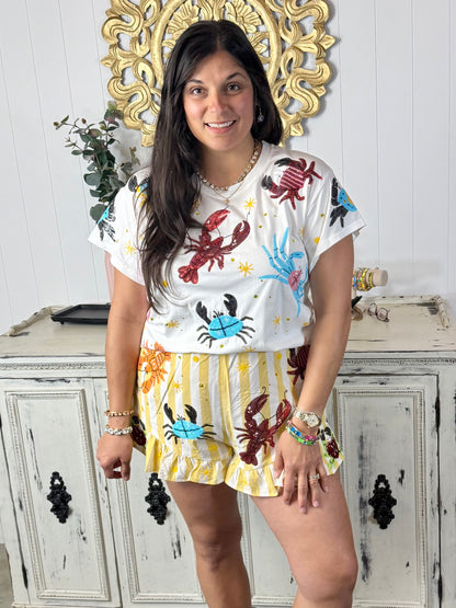 Queen of Sparkles Yellow Stripe Crab & Lobster Shorts