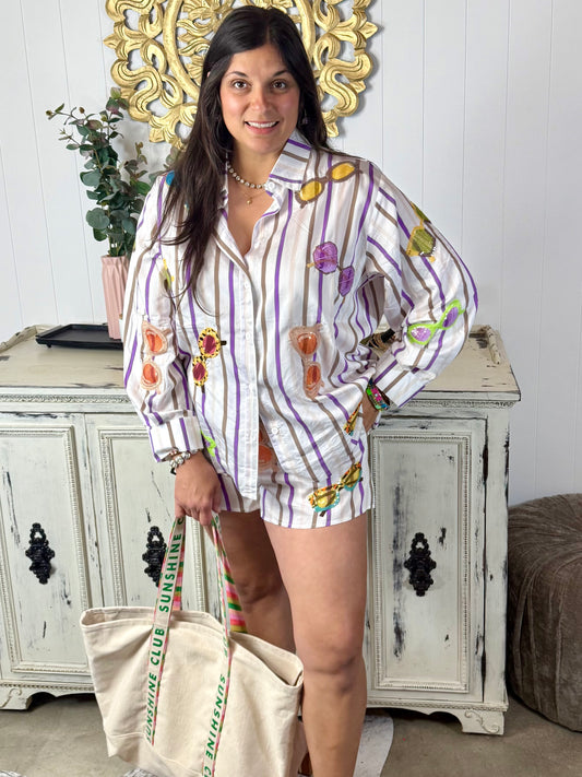 Queen of Sparkles Multi Stripe Sunglasses Cotton Button Up Top