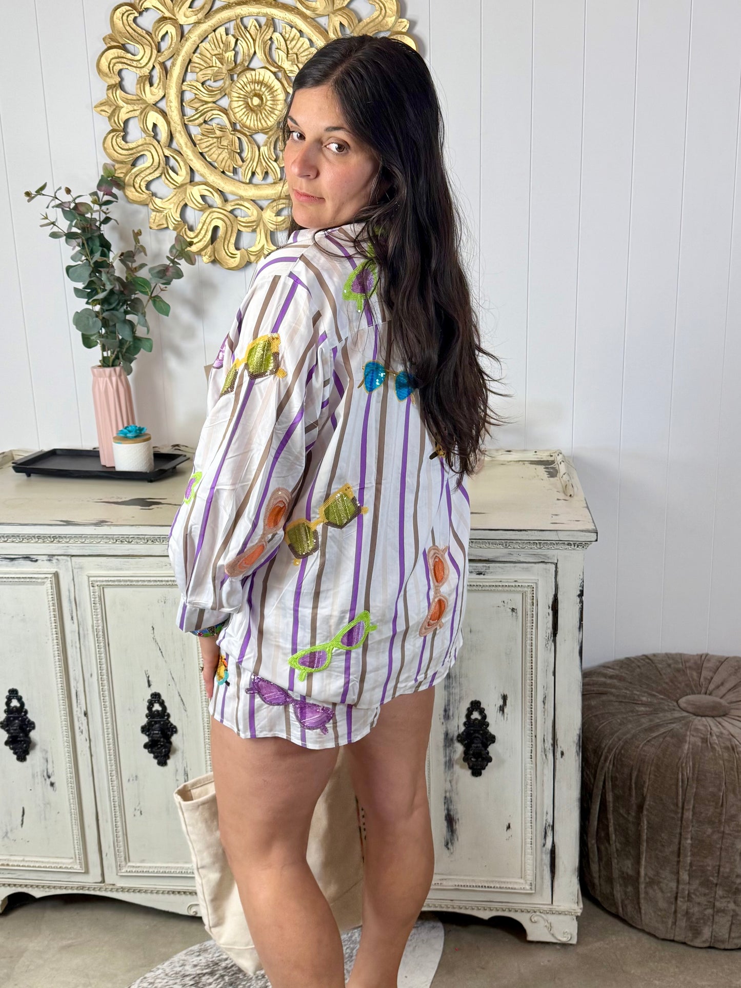 Queen of Sparkles Multi Stripe Sunglasses Cotton Button Up Top