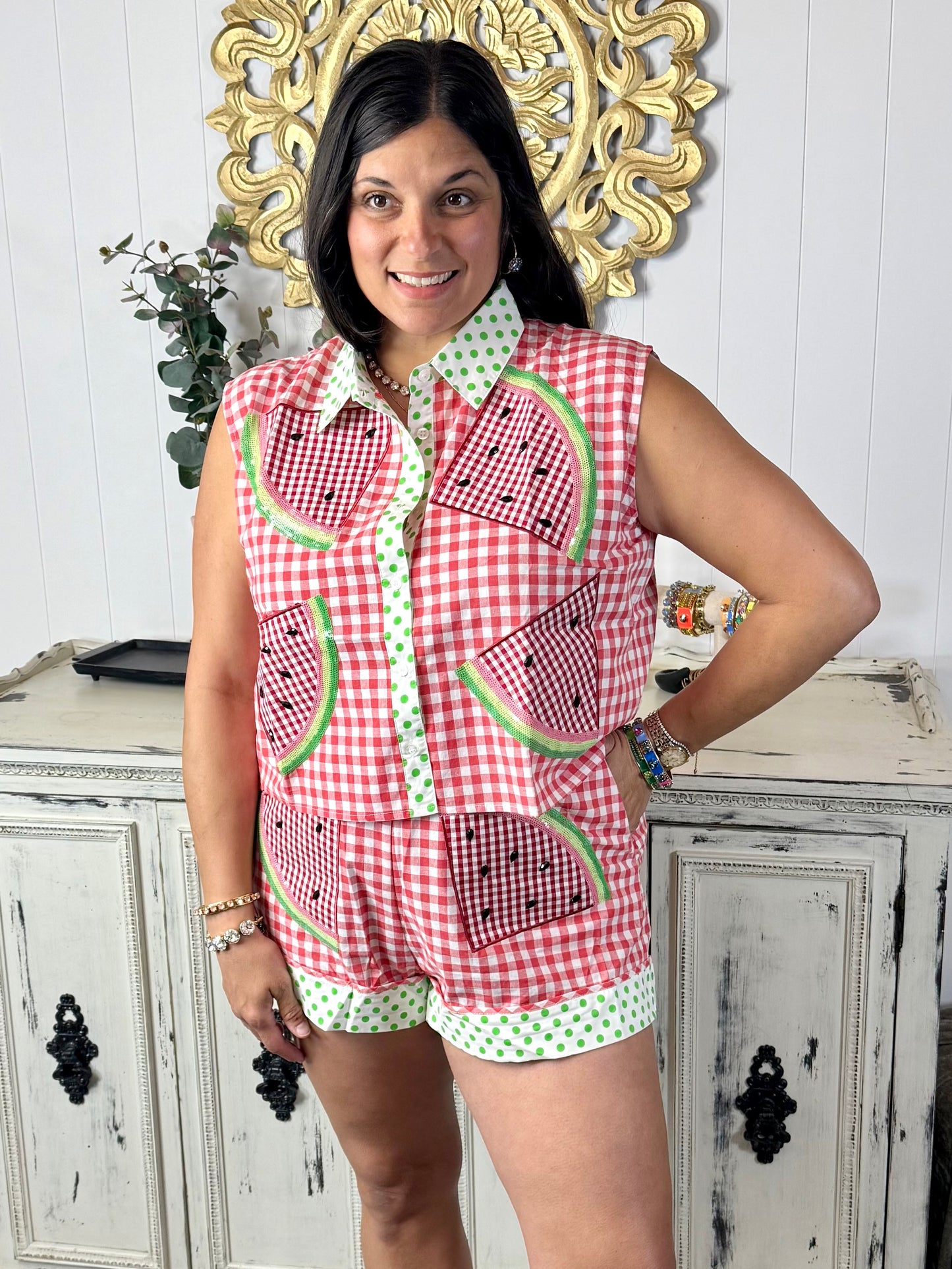 Queen of Sparkles Red Gingham & Green Polka Dot Watermelon Button Up Tank