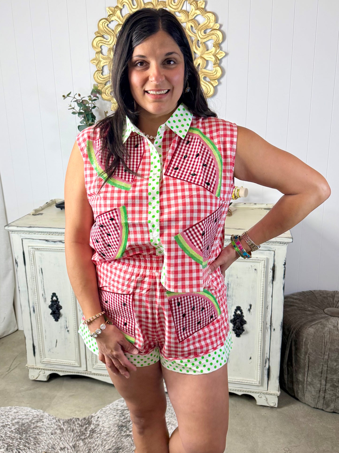 Queen of Sparkles Red Gingham & Green Polka Dot Watermelon Short