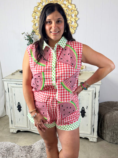 Queen of Sparkles Red Gingham & Green Polka Dot Watermelon Short