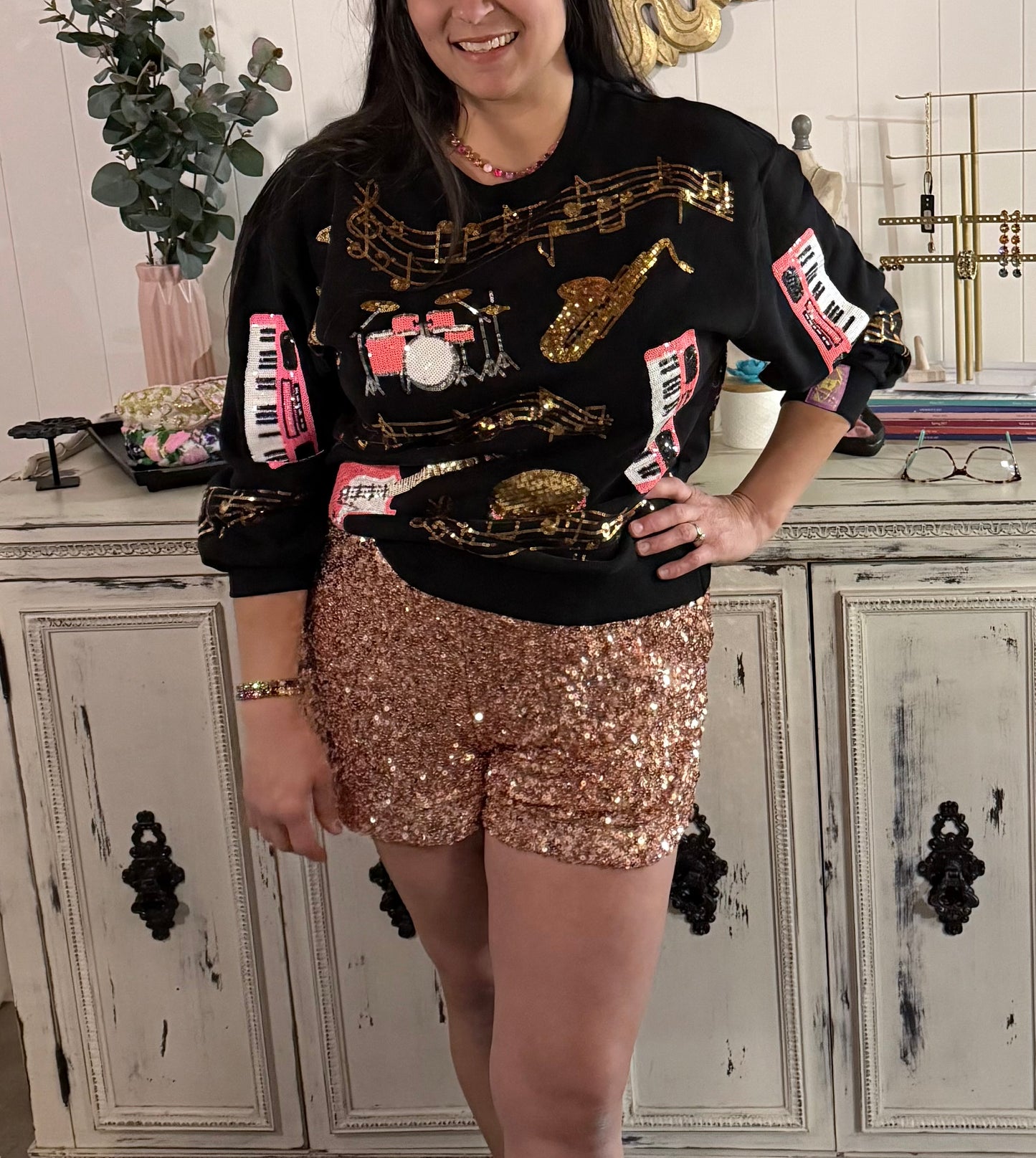 Queen of Sparkles Black Music Note & Instrument Sweatshirt