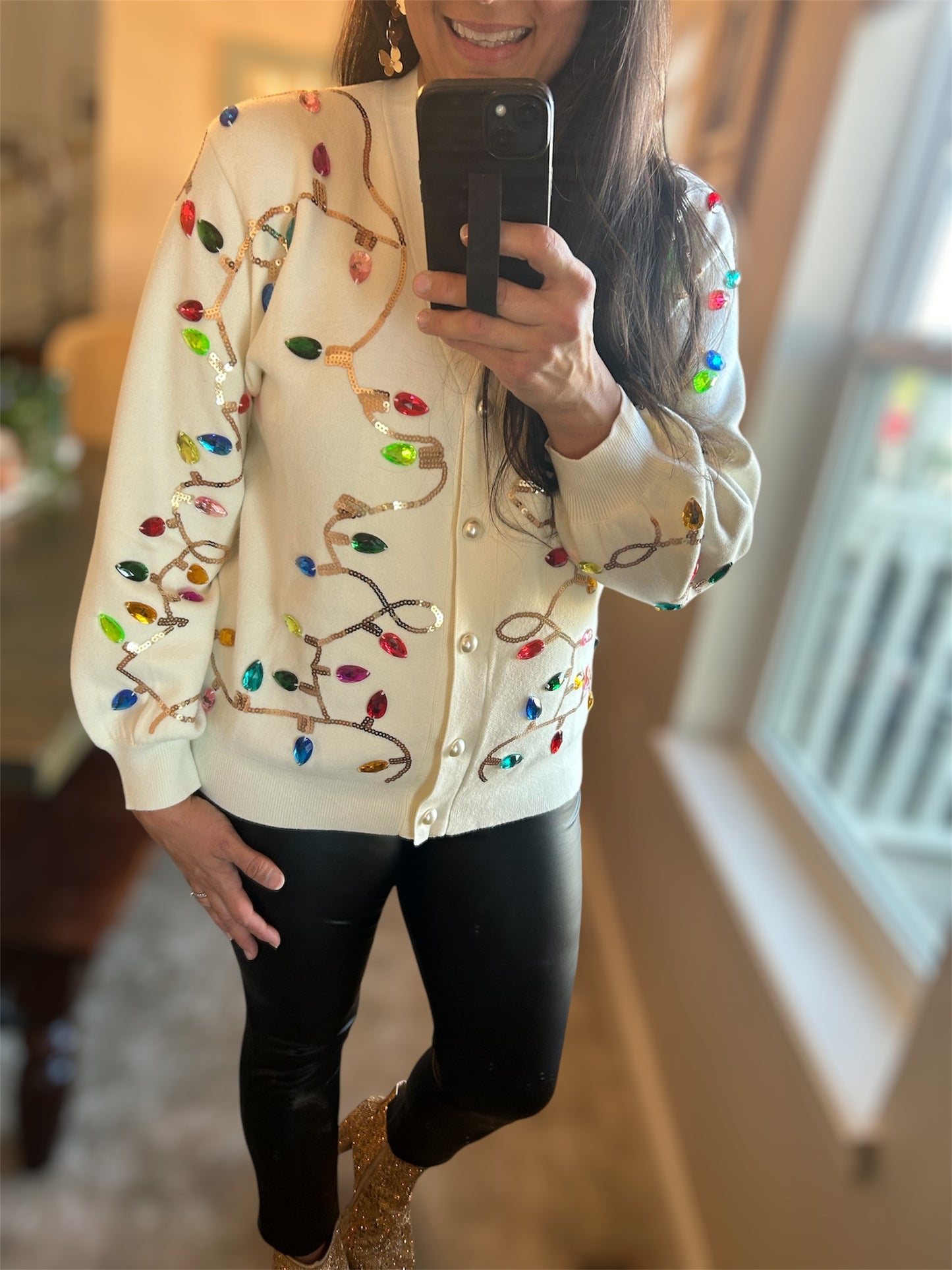 Queen of Sparkles White Jeweled Christmas Lights Cardigan