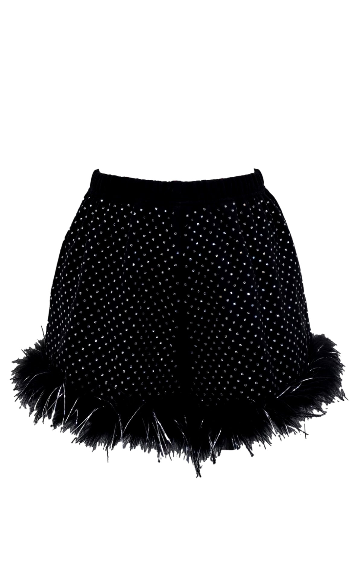 Queen of Sparkles Black Scattered Rhinestone Feather Shorts