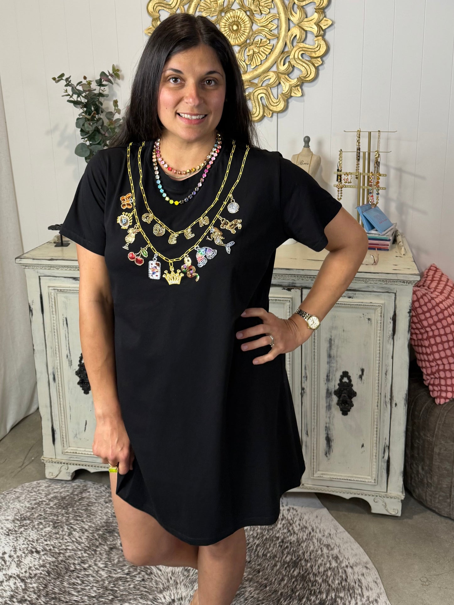Queen of Sparkles Black Queen Icon Necklace Tee Dress