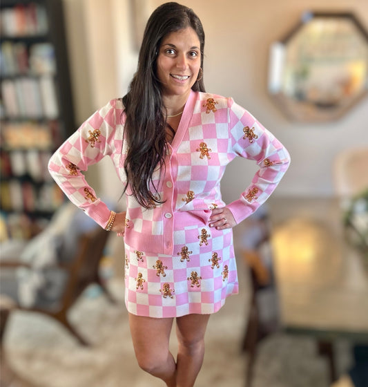 White and Pink Checkered Sequin Gingerbread Cardigan