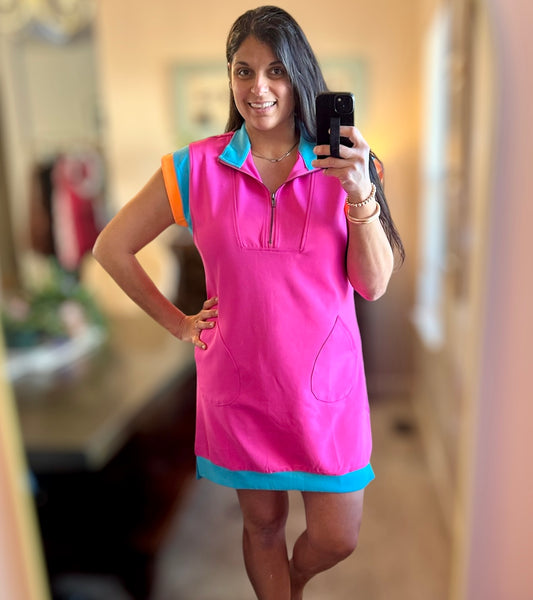 Hot Pink Color Block Wide Sleeve Dress