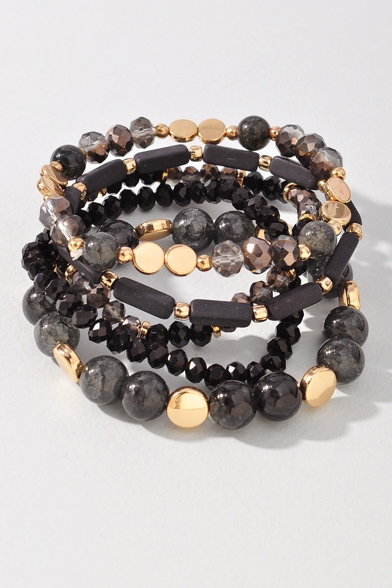 Black Glass Bead Stretch Bracelet Set