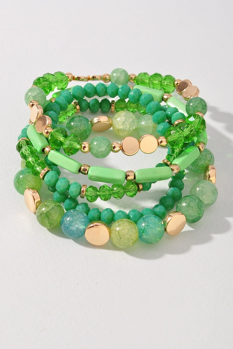 Green Glass Bead Stretch Bracelet Set