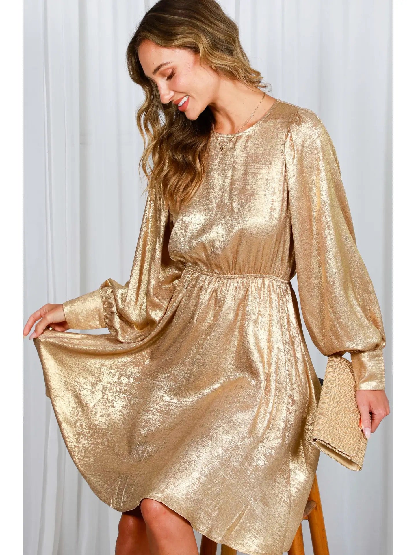 Metallic Gold Puff Sleeve Dress