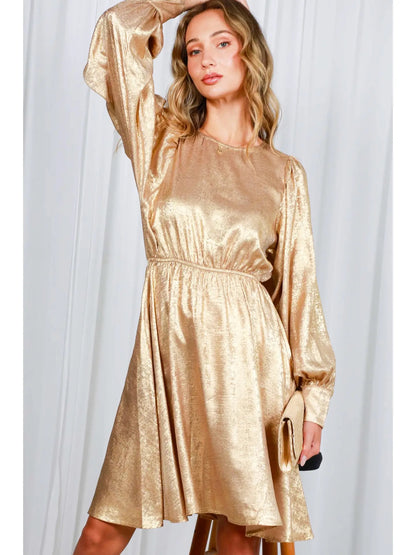 Metallic Gold Puff Sleeve Dress