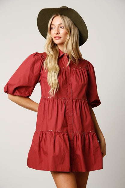 Marsala Puff Sleeve Tiered Shirt Dress