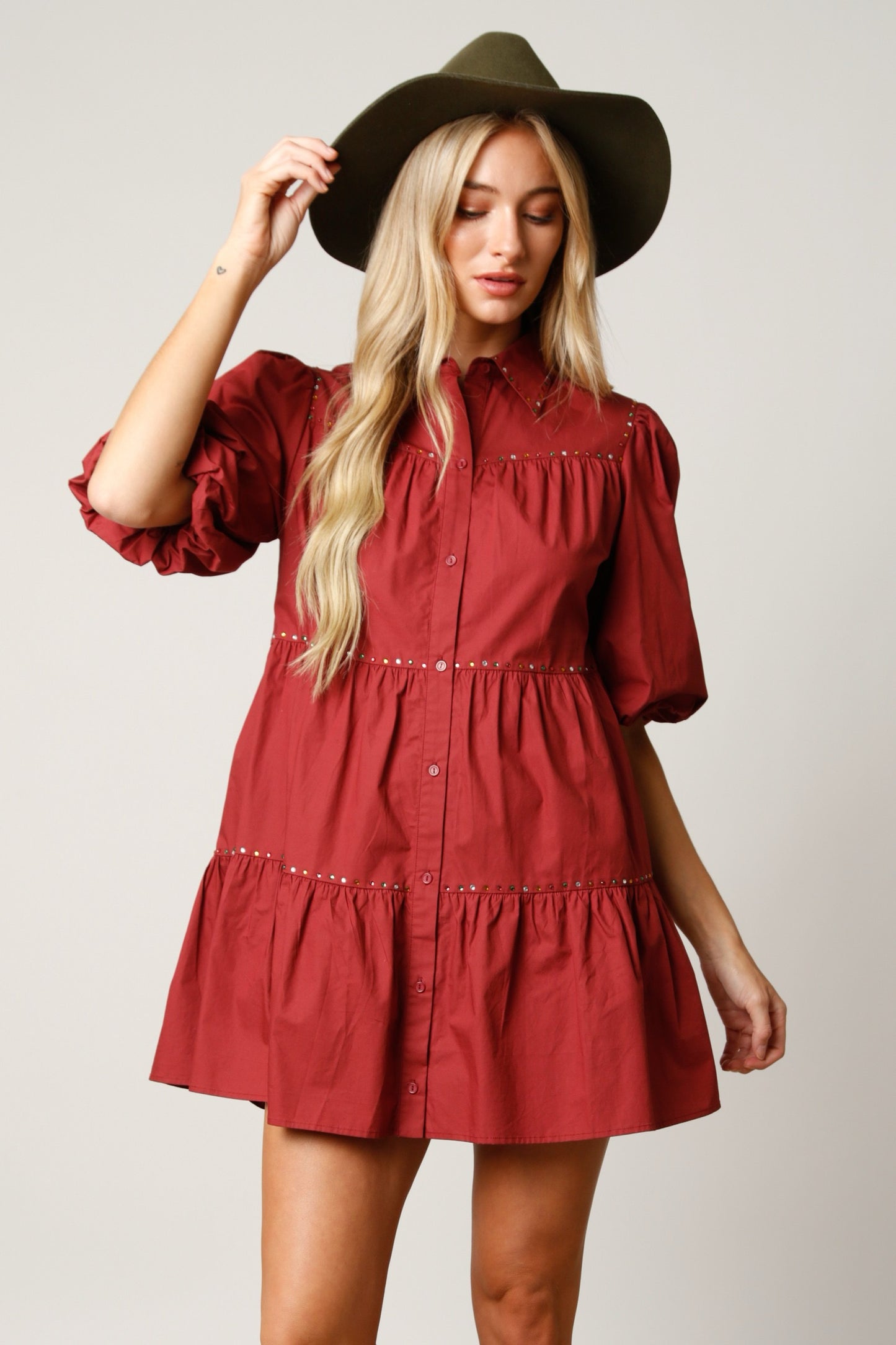 Marsala Puff Sleeve Tiered Shirt Dress