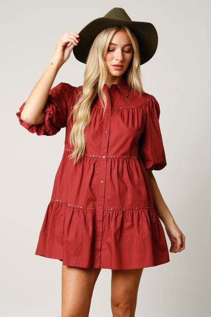 Marsala Puff Sleeve Tiered Shirt Dress