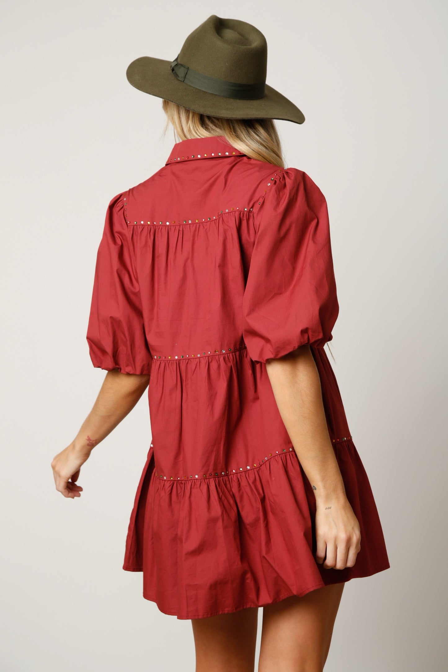 Marsala Puff Sleeve Tiered Shirt Dress