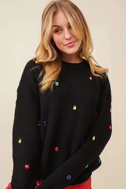 Black Color Stone Trim Cozy Sweater