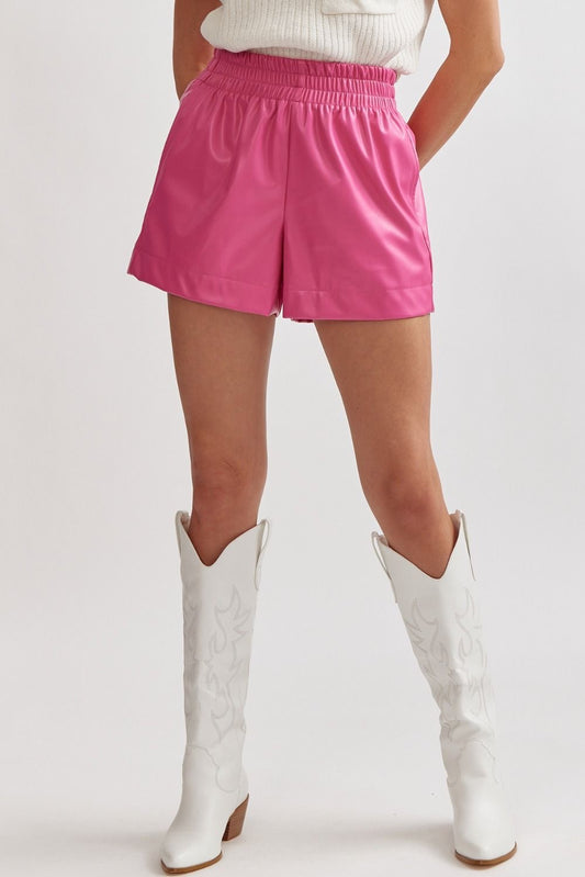 Hot Pink Faux Leather High Waisted Shorts