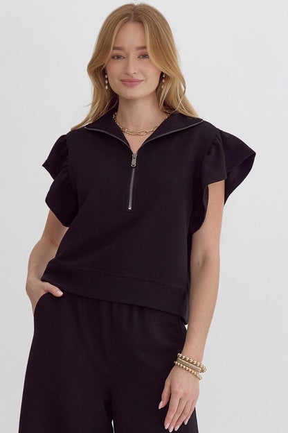 Black Half Zip Textured Flutter Sleeve Top