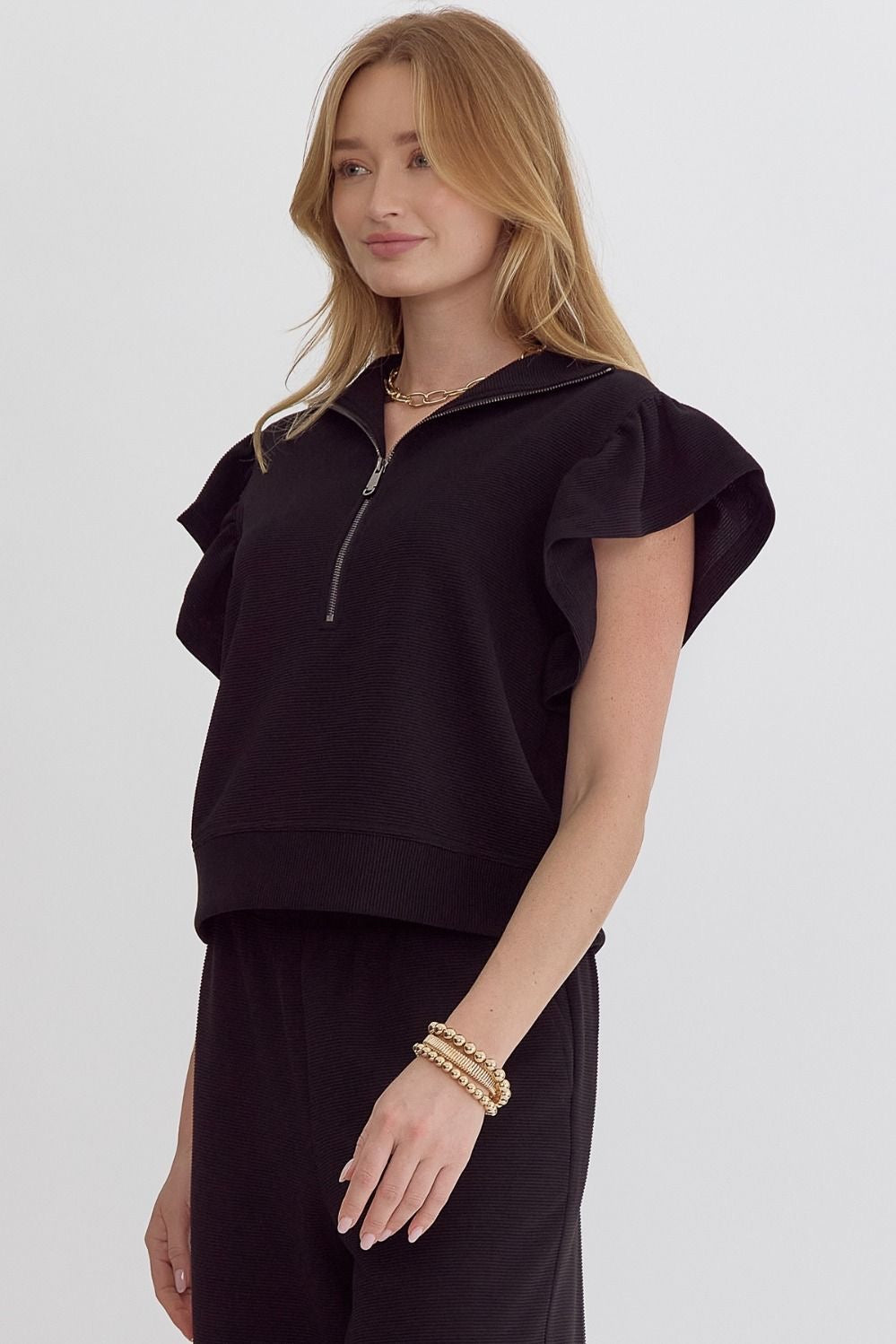 Black Half Zip Textured Flutter Sleeve Top