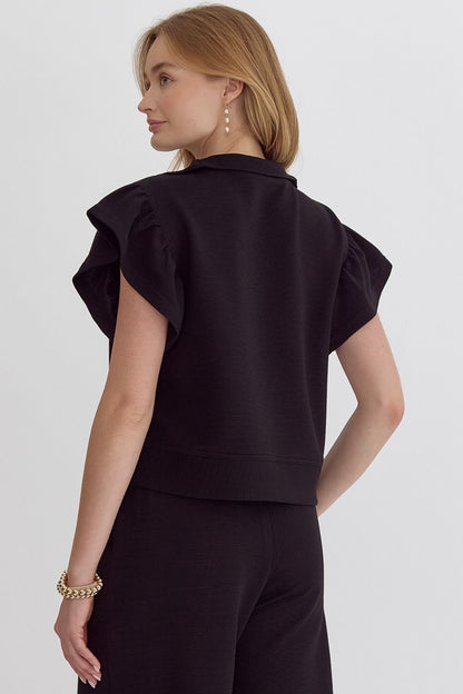 Black Half Zip Textured Flutter Sleeve Top