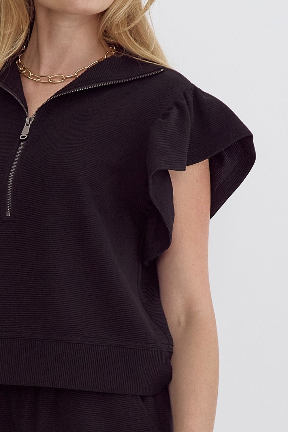 Black Half Zip Textured Flutter Sleeve Top