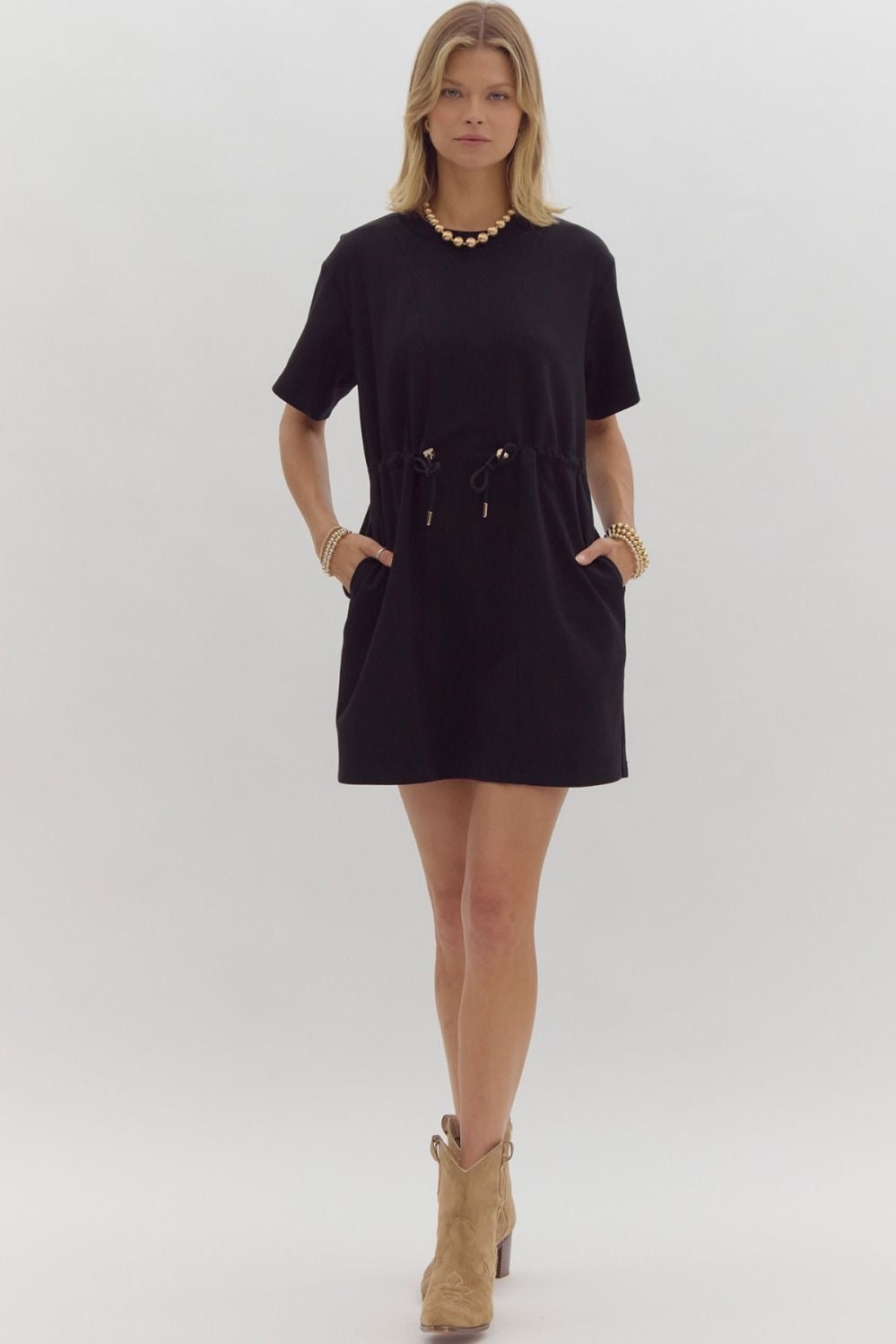 Black Drawstring Waist Dress