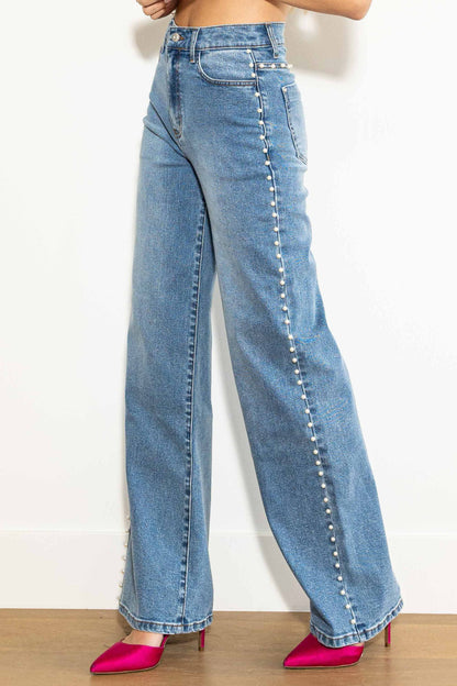 High Waisted Pearl Studded Jeans