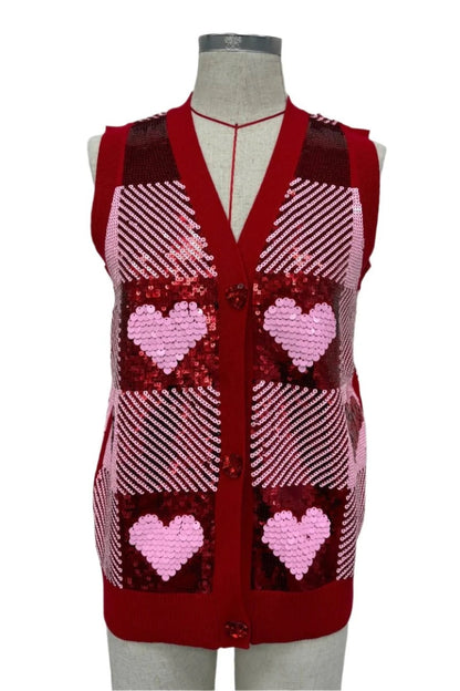 Brianna Cannon Sequin Hearts Plaid Vest