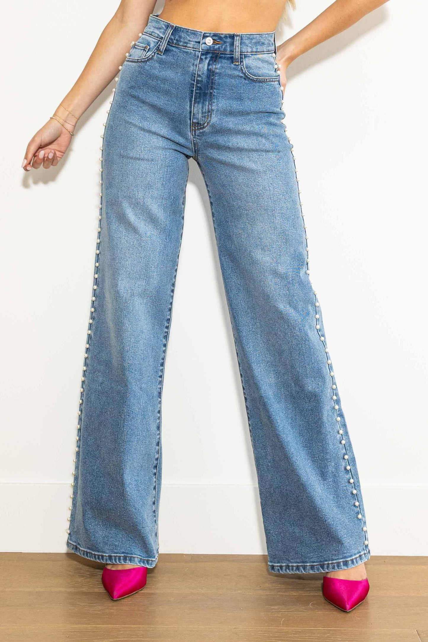 High Waisted Pearl Studded Jeans