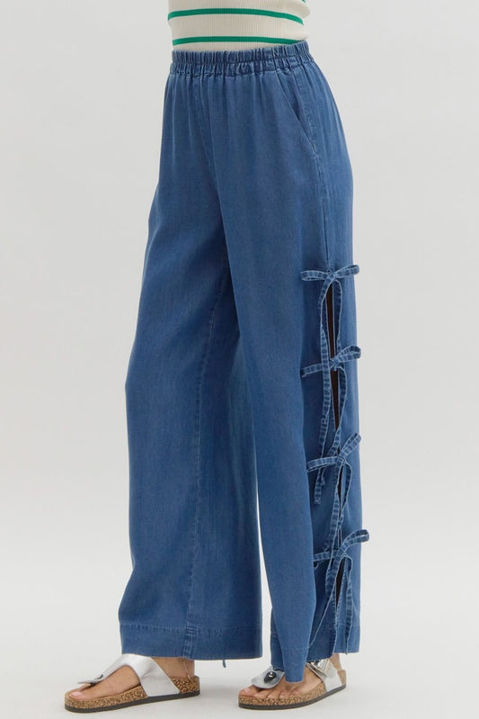 Wide Leg Denim Slit Hem Pants with Bow Detail