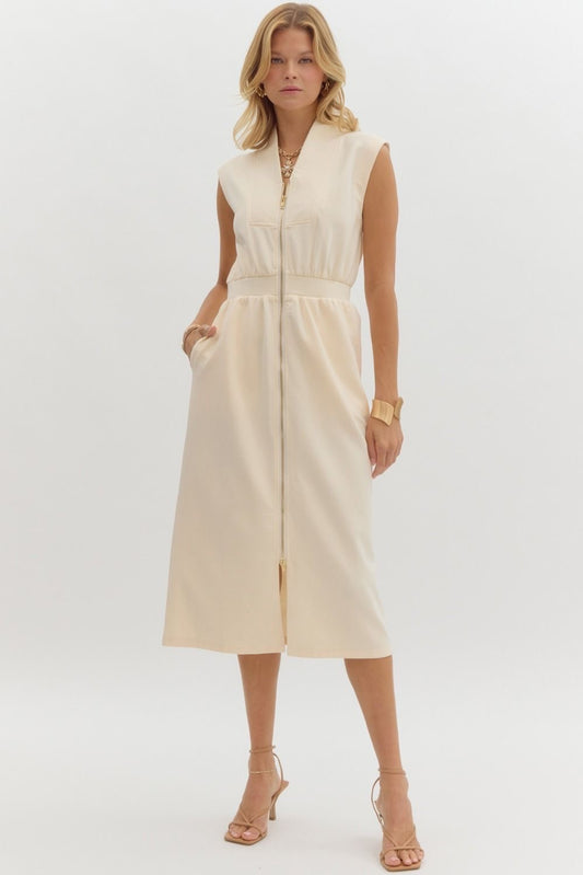 Cream Sleeveless Zip Up Midi Dress