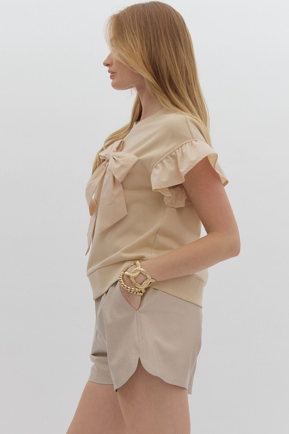 Sand Short Sleeve Ribbon Bow Top