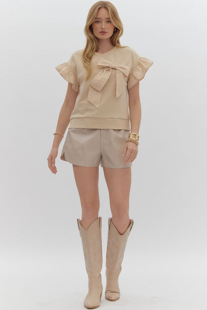 Sand Short Sleeve Ribbon Bow Top