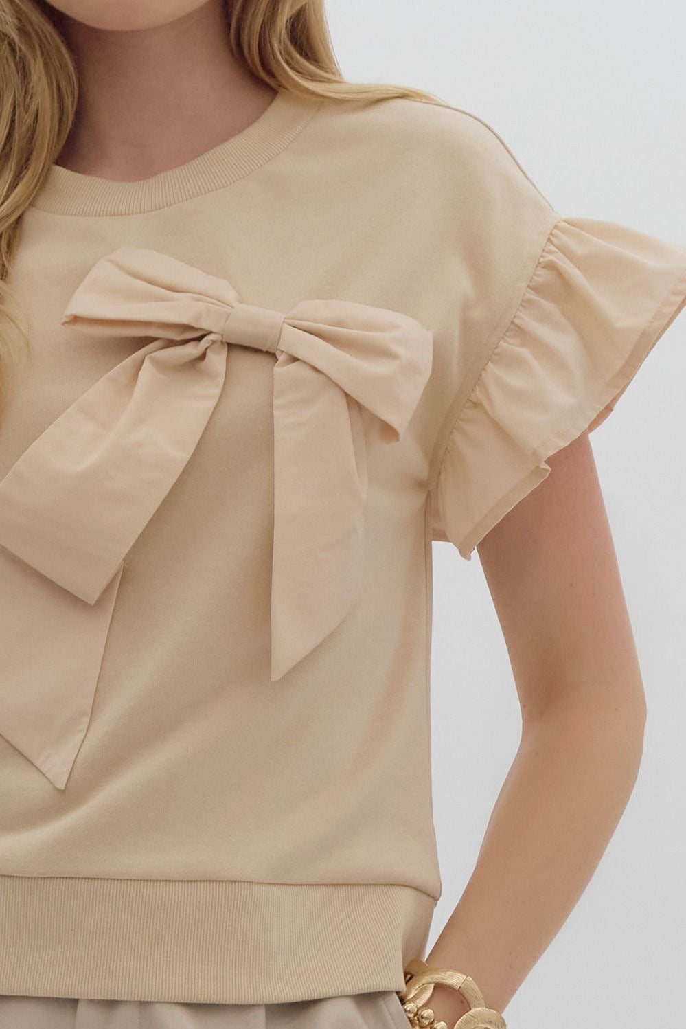 Sand Short Sleeve Ribbon Bow Top