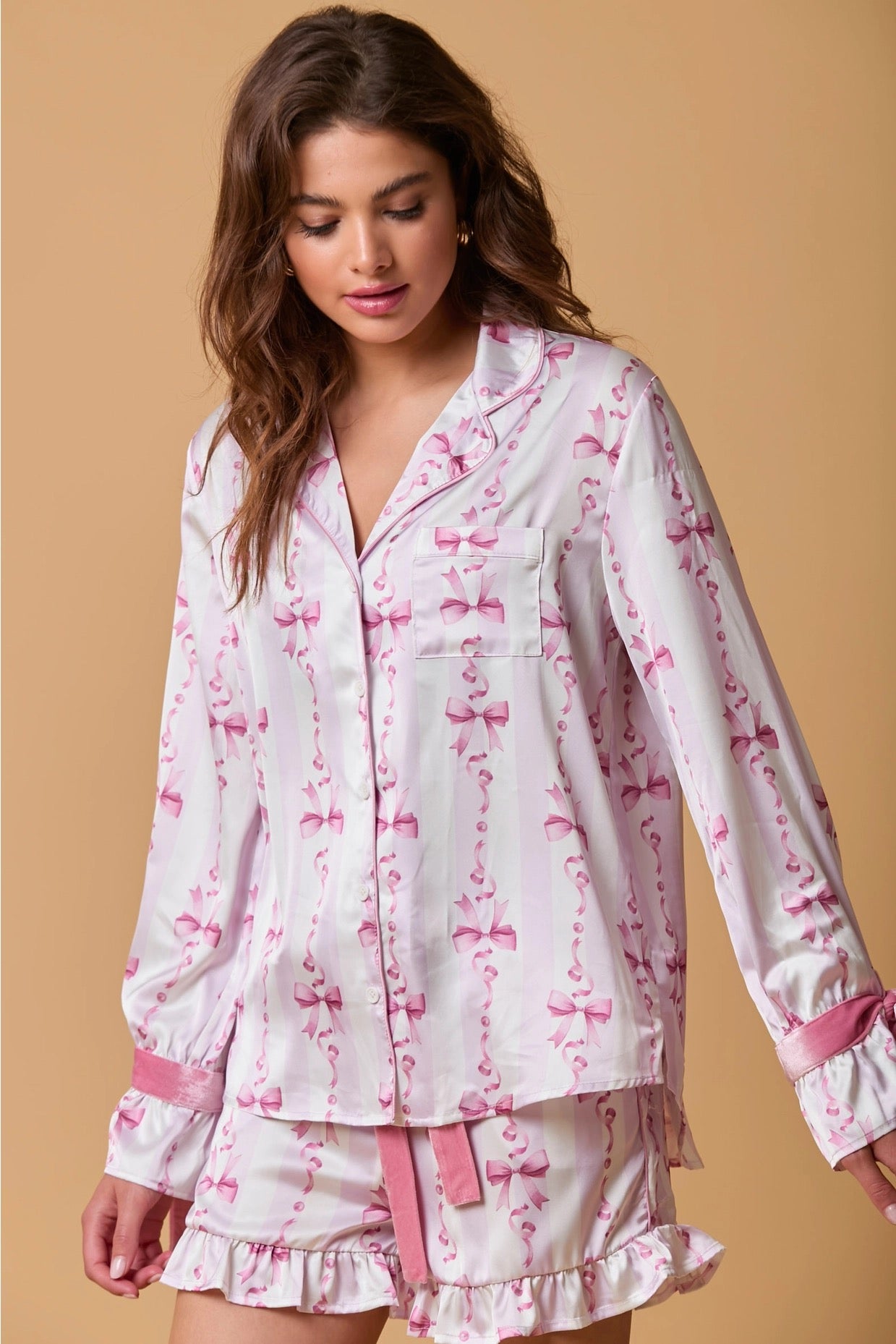 Bow Sleeve Button Down Pajama Top