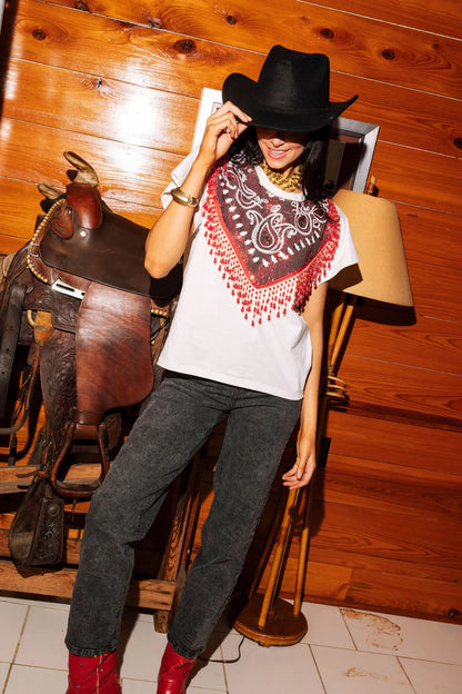 Queen of Sparkles White with Red Sequin Bandana Fringe Tee