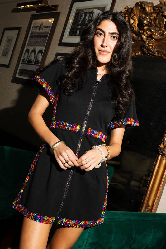 Queen of Sparkles Black and Rainbow Jewel Zip Up Dress