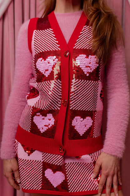 Brianna Cannon Sequin Hearts Plaid Vest