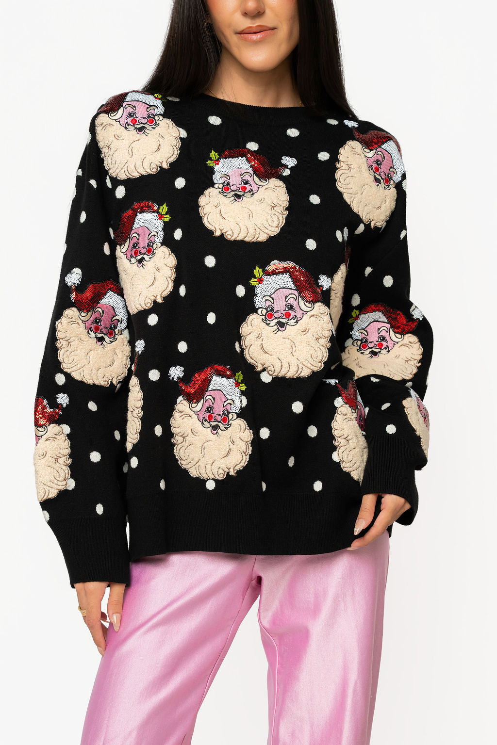 Queen of Sparkles Black & White Polka Dot Santa Head Sweater