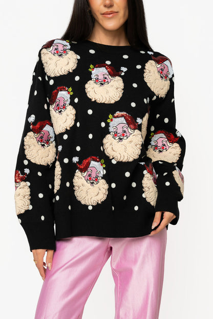 Queen of Sparkles Black & White Polka Dot Santa Head Sweater