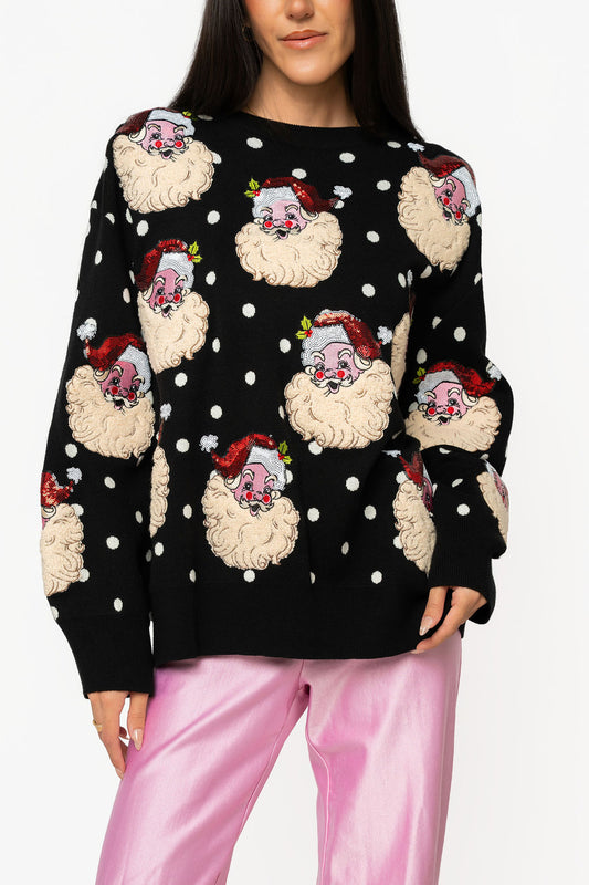 Queen of Sparkles Black & White Polka Dot Santa Head Sweater